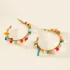 Hoop Earrings 2 Pieces Of Bohemian National Wind Beaded Color Crystal Coral Stone C-shaped Lady Fashion Single Holiday Travel Leisure