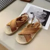 Yaz Kadın Dikiş Kevap Halat Açık Toe Toe Sıradan Sandalet Yapışkan Kayış Tasarım Tatil Plaj Düzleri Moda Espadriller 240327