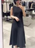 Sıradan Elbiseler Asetik Asit Karışımı Kadınlar O yaka Elbise İnce A-Line Pileli Zarif Düz Renkli Bayanlar Kolsuz Orta Uzunluk Çöp Bahar 2024