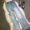 Frauen Jeans hochwertige Bohrmaschinen Frauen Jeanshose Kopfarbeit Stickerei Casual Straight Hosen Taille Frühling Sommerstrecke