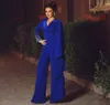 Nowoczesne królewskie niebieskie kombinezony Suknie wieczorowe V Pearki z długim rękawem Kobiety do spodni garnitury kostki satynowe strój1305305