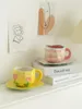 Керамический кофе в стиле стакана с чашками с блюдцом на маленький цветочный печатный мультипликация 250 мл ручной работы ручной работы