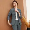 Women's Two Piece Pants Fashion Grey Blazer Women Business Suits Pant And Top Set Work Wear Jacket Beauty Salon Office Ladies Uniform Style