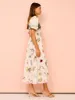 STYLISH LADY Palm Printed Holiday Dress 2024 Summer Women Lantern Sleeve O Neck High Waist Beach Vocation Long Dresses