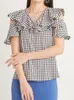 Women's Blouses Japanese V-neck Ruffles Plaid Blouse Shirts Off Shoulder Butterfly Sleeve Lady Tops 2024 Summer Elegant Solid Blusa De Mujer