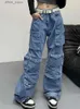 Dames jeans 2000s kleding y2k strtwear gewassen blauwe baggy lading jeans broek voor vrouwen multi -zakken rechte hiphop brede been dame broek y240408