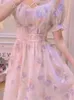 Party Dresses Short Sleeve Elegant Midi Dress Fairy Floral One Piece Korean Fashion 2024 Summer Chic Chiffon Vintage Boho