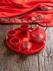 Teaware set kinesiska traditionella bröllop keramiska te set vattenkokare röd dubbel lycka tekanna cup lywed present bankettförsörjning
