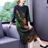 Casual Dresses 2024 Fashion Silk Mulberry Dress Women's Autumn Vintage Embroidery Standing Collar 3/4 Sleeve Loose Fit Leisure Vacatio