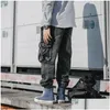 Mens Jeans Japanese Fashion Men Loose Fit Black Gray Big Pocket Cargo Pants Vintage Designer Streetwear Hip Hop Joggers279Y Drop Deliv Otmnl