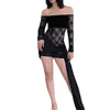 Abiti casual Donne Donne Mini BodyCon Abito in pizzo Mesh Cash Corta Off Occiglia Spalla Fall Fall Tie-Up Long Sleeve