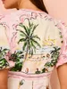 Stylish Lady Palm Print Feiertagskleid 2024 Sommer Frauen Laternenhülle O Hals hoher Strandstrand Langkleider