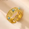 Cluster Rings Stainless Steel Ring Faux Turquoise Green Color Couple Rings For Women 18k Golden Color Wide Ring Bohemian Ethnic Jewelry Gifts240408