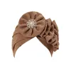 Women Turban Cotton Top Knot Flower Decor Headwrap Muslim Ladies Hair Cover Beanie Head Wear Solid Color India Hat Accessories 240408