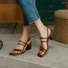 صندل Leshion of Chanmeb Women Highine Leather Leather Strap Lundage Double Buckle Gladiator Sandal Block Theels 39 Summer