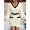 Slim Fit Slimming with Contrasting Color, Spring Autumn V-neck Dress, Waist Cinched Long Sleeved Bottomed and Buttocks Wrapped Dress