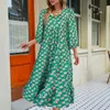 Plussize Womens Springsummer Dress Green Print Long Casual Boemian Lantern Sleeve Beach Party 240408