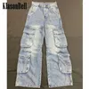 Jeans féminins 11,7 Klasonbell High Street Fashion Celebrity même denim lavé Denim Multi Pocket Cargo Straight Casual