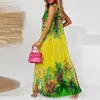 Lady Casual Loose Halter Pleated Maxi Dres Fashion Leaf Print ärmlös Beach Boho Dress Elegant Long Party 240327