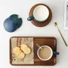 Mugs 350ml Nordic Ceramic Gold Rim Coffee Mug With Wooden &Lid&Spoon Milk Coffe Juice Tea Cup Tumbler Office Drinkware Gifts