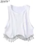 Zevity Women High Street Sexig Hem Tassel Diamond Beading Knitting T Shirt Chic Short Camis Tank Lady Slim Crop Vest Tops LS1311 240328