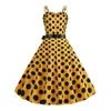 Casual Dresses Retro Dot Dress Elegant A-line Midi With Bow Decor Print For Women Parties Weddings Proms Sleeveless