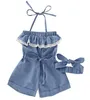 Salti in denim neonati ragazze in pizzo imbracature in pizzo tuttoni solidi colori per neonati per bambini jeans elastici con fascia prua 16t 060618626586