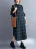 Vestidos casuais 2024 Spring Autumn Cotton Green xadrez vintage para mulheres longas moda de camisa elegante escritório de trabalho