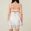 Casual Dresses Women Summer Solid Color Mini Cami Dress Sleeveless Spaghetti Strap Backless Lace Floral Tiered Ruffle Hem Party Club