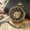 Classic Hexagonal Mechanical Pocket Watch Fob Chain Steampunk Roman Dial Skeleton Golden Hollow Steel Mens 240327