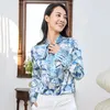 Kvinnors blusar toppar Silk Floral Office Formell casual klänningskjortor plus stor storlek vår sommar sexig haut femme blå blomma