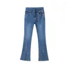 Les jeans pour femmes aiment la broderie haute taille divisée femmes coréen double bouton flare jean printemps automne plus taille pantalon denim complet