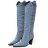 HBP icke-varumärke dropshipping Custom Womens Knee High Cowboy Boots Spring Fashion Denim Block Heels With Chunky Style