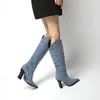 HBP icke-varumärke dropshipping Custom Womens Knee High Cowboy Boots Spring Fashion Denim Block Heels With Chunky Style