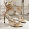 Rene Caovilla Crystal Chandelier High-Heeled Sandals 여성 요정 스타일 고급 다이아몬드 뱀인 래핑 로마 하이힐 10cm 디자이너 연회 드레스 신발