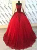 2022 Vintage Puffy Ball Robe Quinceanera Robes à manches longues en dentelle en tulle rouge Sweet 16 Robe de fête mexicaine Robes de bal BC11332 B04147345279