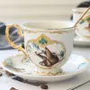 Muggar European Style Jungle Ceramic Coffee Cup and Saucer Set Housely Light Luxury Afternoon Te med sked 220 ml