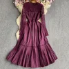 Robes décontractées bugilaku dentelle crochet fleur patchwork robe femme couleur solide manches longues élégant douce femelle mince robe femme