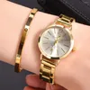 Wristwatches 2pcs Set Watch Luxury Women Simple Dial Hollow Strap Fashion Gold Bracelet Quartz Wristwatch Student Ladies Watches
