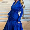 Party Dresses Aleeshuo Saudi Arabia Blue Long Sleeves Vestidos De Noche Pleated Satin Sexy V-Neck Beading Simple A-line Backless Prom Dress