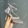 Luxury designer crystal embellished high-heeled sandals Sexy Cutout Wedding Party Party Shoes 9.5cm leather mesh square lace women's shoes