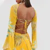 2022 verão boho sol cetim floral bandagem bandagem longa seda maxi vestido elegante mulheres