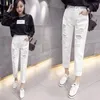 Женские джинсы Spring Dress White Ruped Love Loge Neg Корейская версия Студенты, подстриженные прямые брюки для женщин