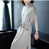 Party Dresses 2024 Women's High Neck Belt Waist Pocket Autumn Winter Short Sleeve Split Knitted Loose Casual Sweater