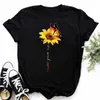 Kadın T-Shirt Maycaur Womens T-Shirt Sıradan Kawaii Ayçiçeği Kelebek Desen Baskı Tshirt Rahat Rahat Kadın Giyim Siyah Topl2403