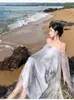 Casual jurken zomer grijs grijs elegante retro inkt schilderfeestje bruiloft mesh strapless vrouwen losse rugloze geplooide lange jurk bohemian