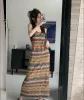 Designerski bez rękawów Rainbow Striped dzianina Długa kamizelka Kobiety 2024 Summer Sexy Beach Holiday Fashion Ladies Maxi Vestidos Mujer