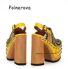 Sandals Peacock Cloth Metal Rivet Chunky Heel Platform Women's Shoes Buckle Back Strap Fashion Height Increasing