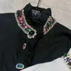 Blouses pour femmes Blanc Black Coton Blouse Mid-Longle Shirts Femmes Femmes Perger les diamants bouton de chemise Ruffles Collier Vintage Lantern Sleeve