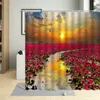 Shower Curtains Flower Plant Landscape Curtain Cherry Blossom Waterfall Green Forest Manor Arch Bridge Ocean Scenery Bathroom Set